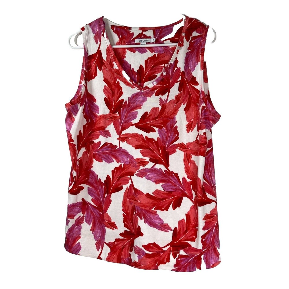 Chicos womens sz 2 / L botanical red pink leaves cotton sleeveless top (15